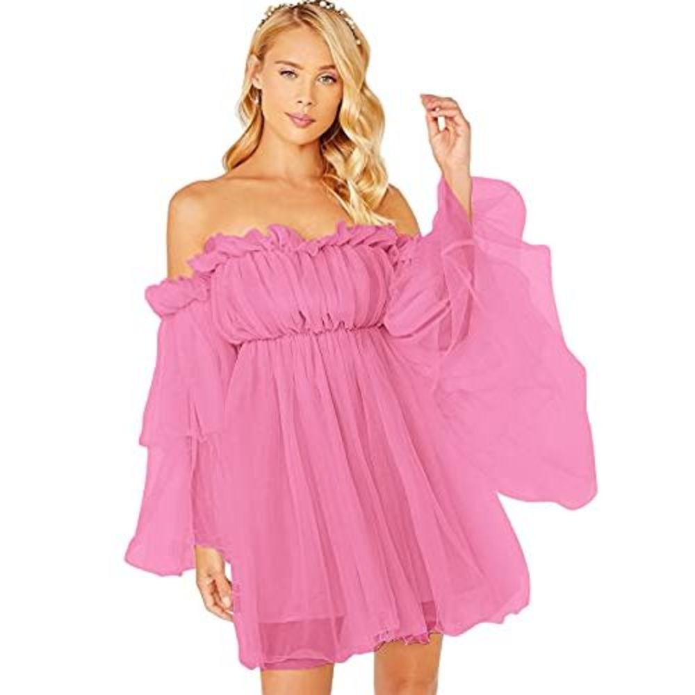 Romwe Womens Romantic Off Shoulder Flounce Long Sleeve Wedding Ruffle Mesh Party